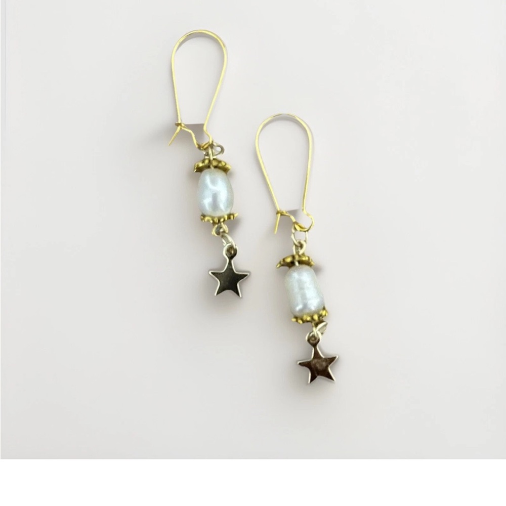 Celestial Pearl Star Drop Earrings Gold Tone Handmade Whimsigoth Fairycore
